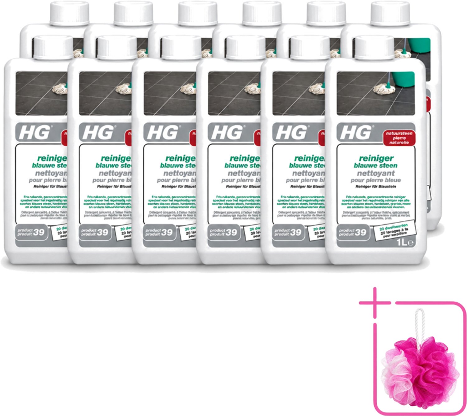 12 x HG - Blauwe Steen Reiniger - Reinigt Veilig & Streeploos - 20 Dweilbeurten - 1L - Bulkverpakking - Blauwe steen reinigen - Douchemop - Natuursteen reinigen