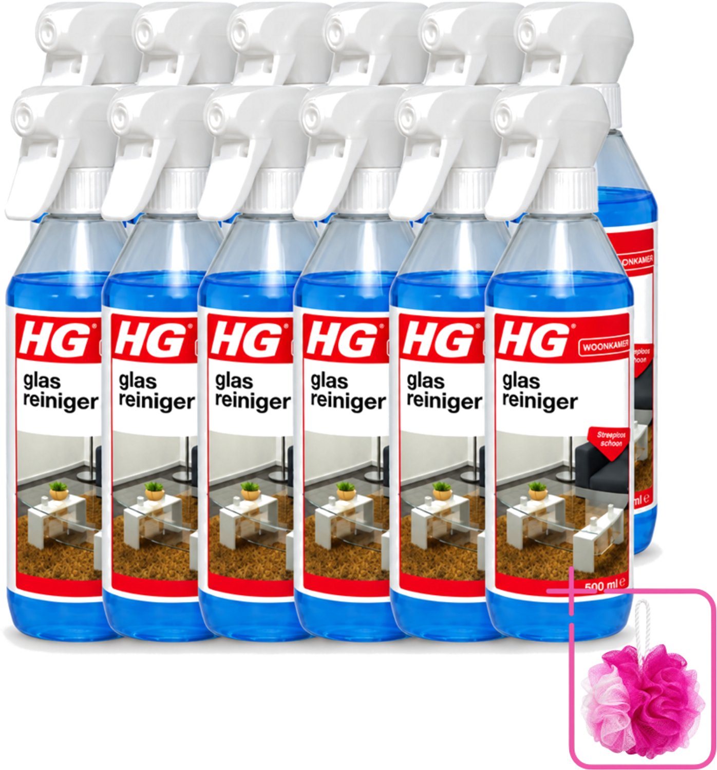 12 x HG - Glasreiniger Spray - Streeploos Schoon - Ontvet & Droogt Snel - 500 ml - Bulkverpakking - Glas reinigen - Douchemop - Streeploos schoonmaken