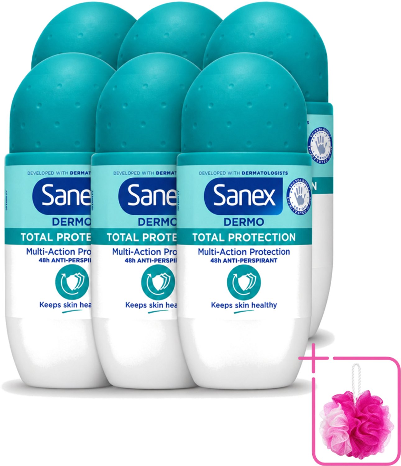 6 x Sanex – Deodorant Roll-On – Dermo Total Protection – 50 ml - Bulkverpakking - Douche - Douchemop - Deodorant roll-on
