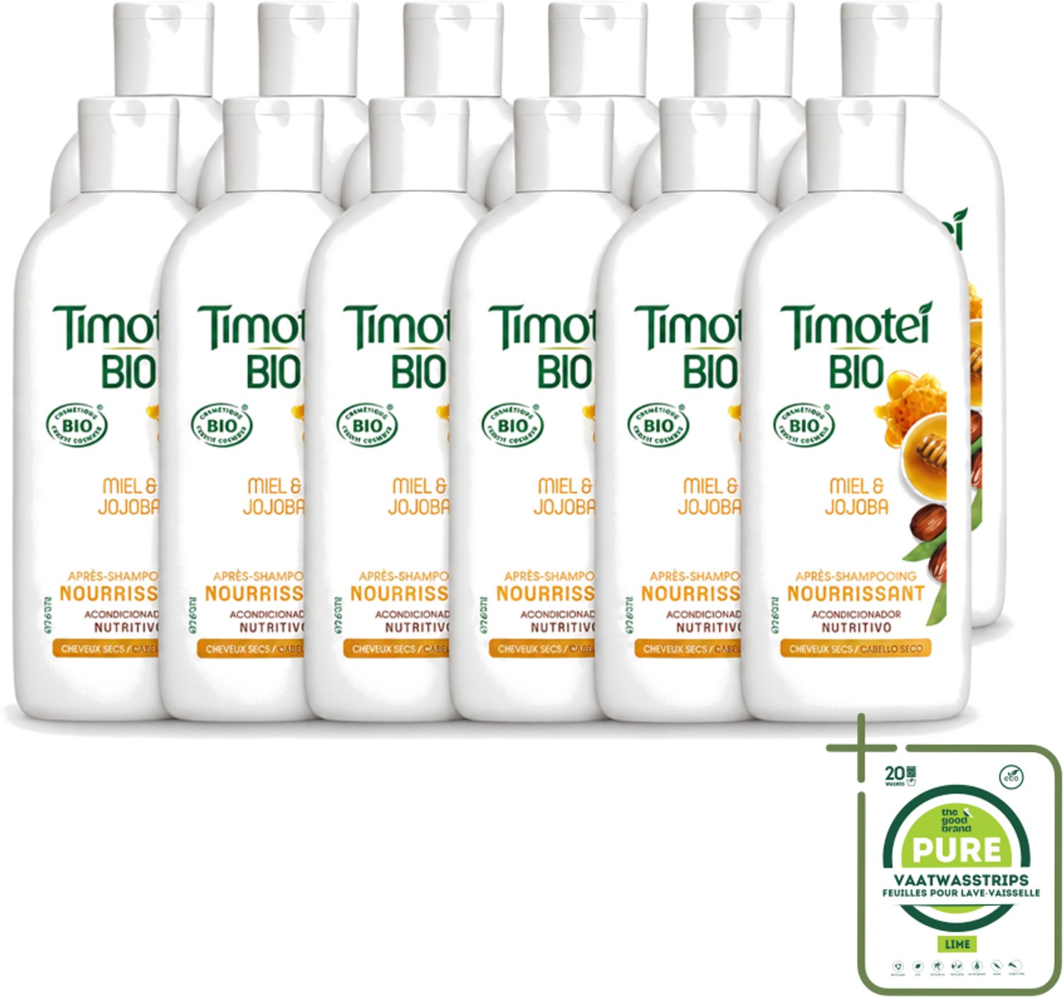 12 x Timotei - Crèmespoeling - Honing & Jojoba - Biologisch - Droog Haar & Droge Hoofdhuid - 250 ml - Grootverpakking - Vaatwasstrips - Crèmespoeling - Droog Haar - Droge Hoofdhuid - Honing - Jojoba-olie