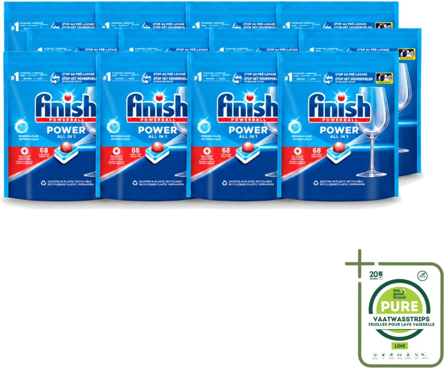12 x Finish Powerball - Power All in 1 - Vaatwastabletten - Reiniging & Glans - 68 Tabletten - Grootverpakking - Vaatwasstrips - Vaatwastabletten - Vaat Reinigen - Vlekverwijderaar - Vaatwasmiddel - Krachtige Vaatwasmiddel