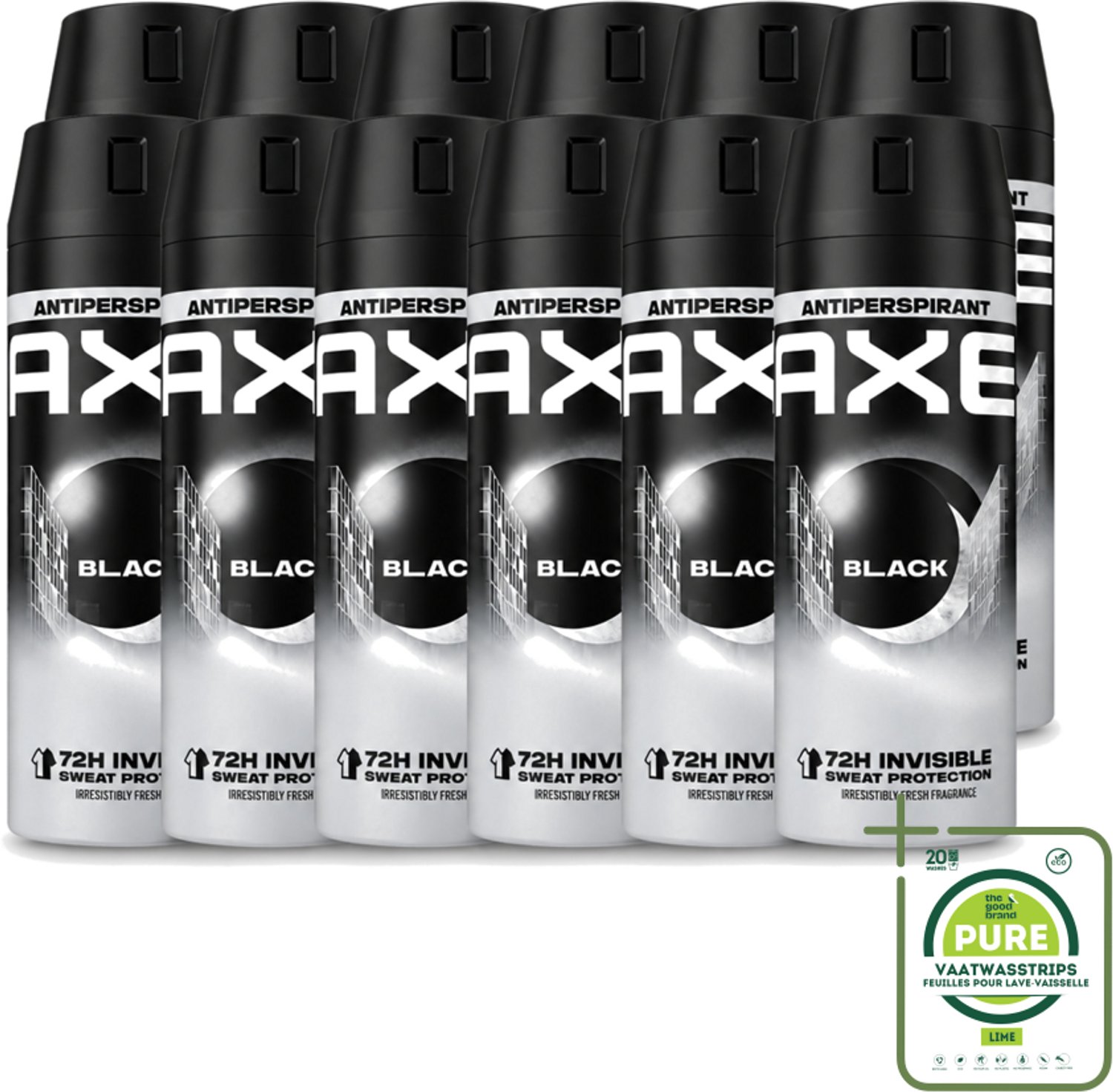 12 x Axe - Deodorant Spray - 72hrs Anti Sweat - Black - 150 ml - Grootverpakking - Vaatwasstrips - Anti Transpirant Spray - Zweet Bescherming - 72 Uur Bescherming - Citroen Geur - Munt Geur