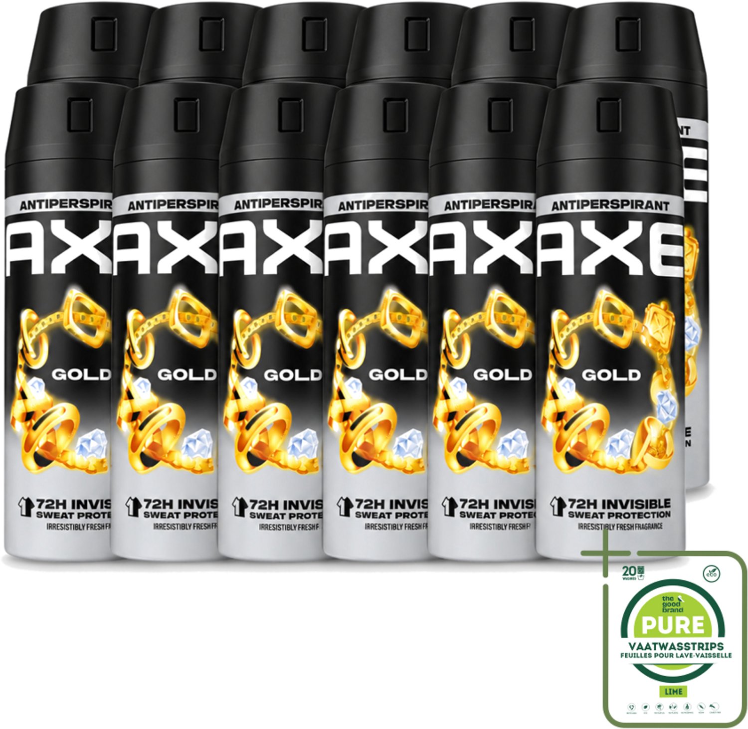 12 x Axe - Deodorant Spray - 72hrs Anti Sweat - Anti White Marks - Gold - 150 ml - Grootverpakking - Vaatwasstrips - Anti Transpirant Spray - 72 Uur Bescherming - Zweetvoorkomend - Witte Strepen Voorkomen - Oud Wood Geur