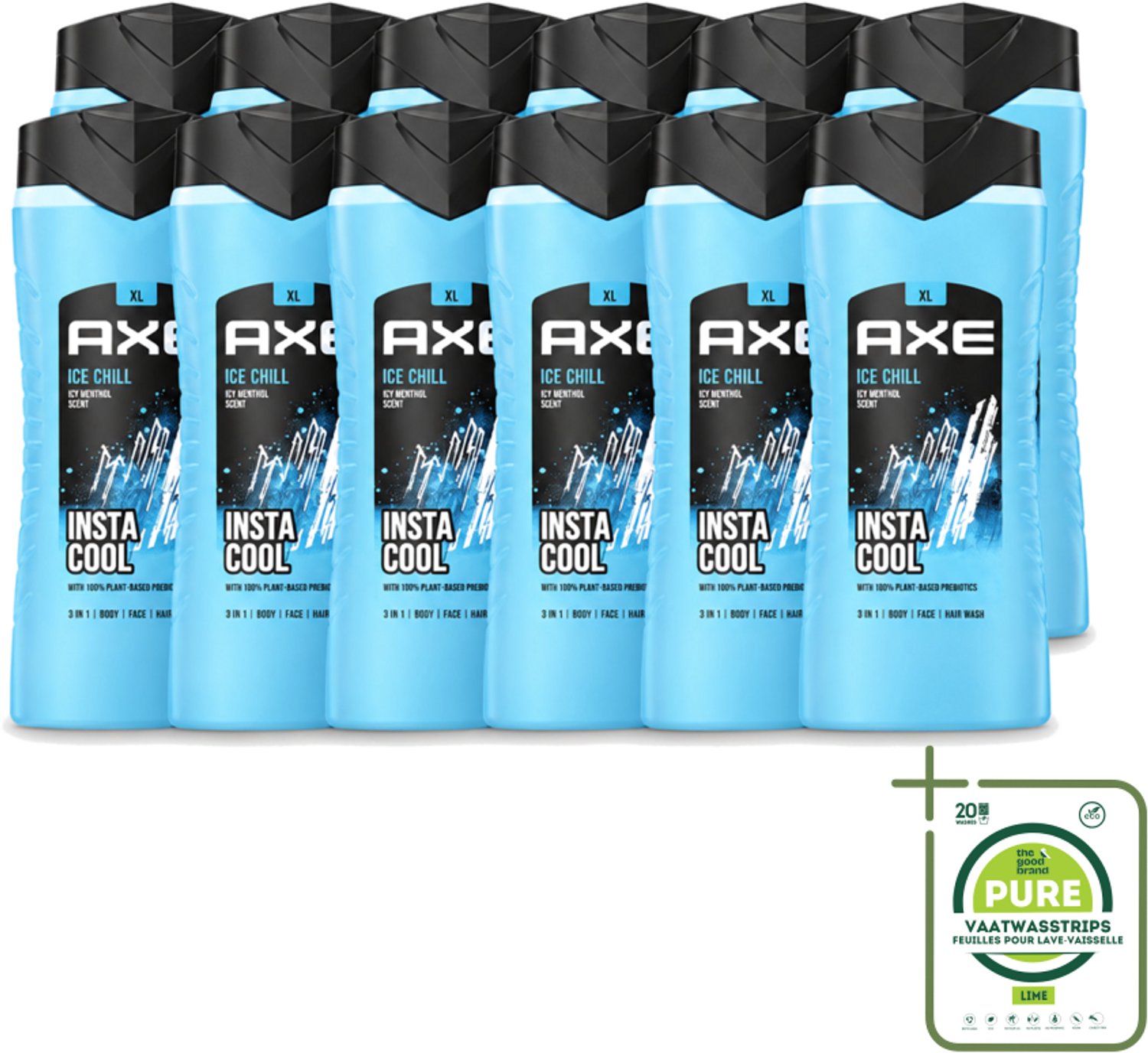 12 x Axe XL - 3-in-1 Douchegel - Ice Chill - Icy Menthol - Insta Cool - 400 ml - Grootverpakking - Vaatwasstrips - Douchegel - Frisheid - Bevroren Munt - Citroen - 3-in-1