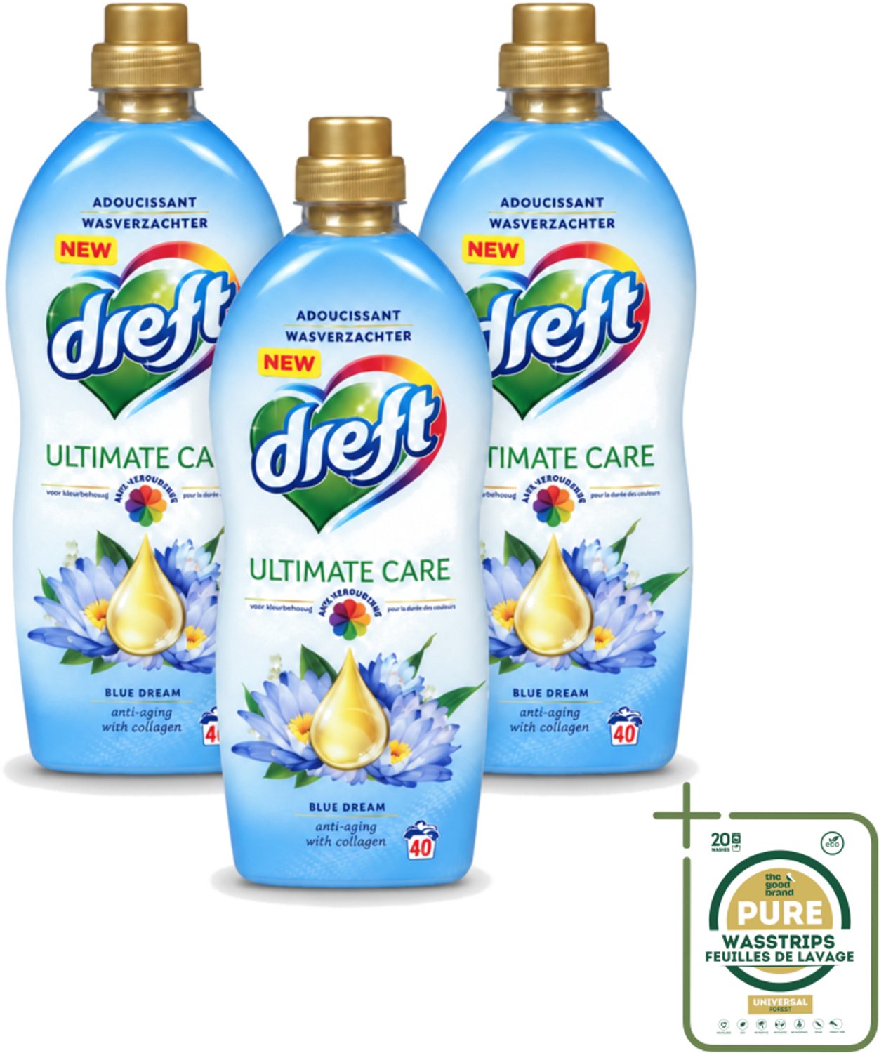 3 x Dreft - Wasverzachter - Gekleurde Was - Blauwe Droom - Anti-Veroudering - 40 Wasbeurten - Wasstrips - Wasverzachter - Anti-aging - Kleurbescherming - Wasgoed - Kleding Verzorging
