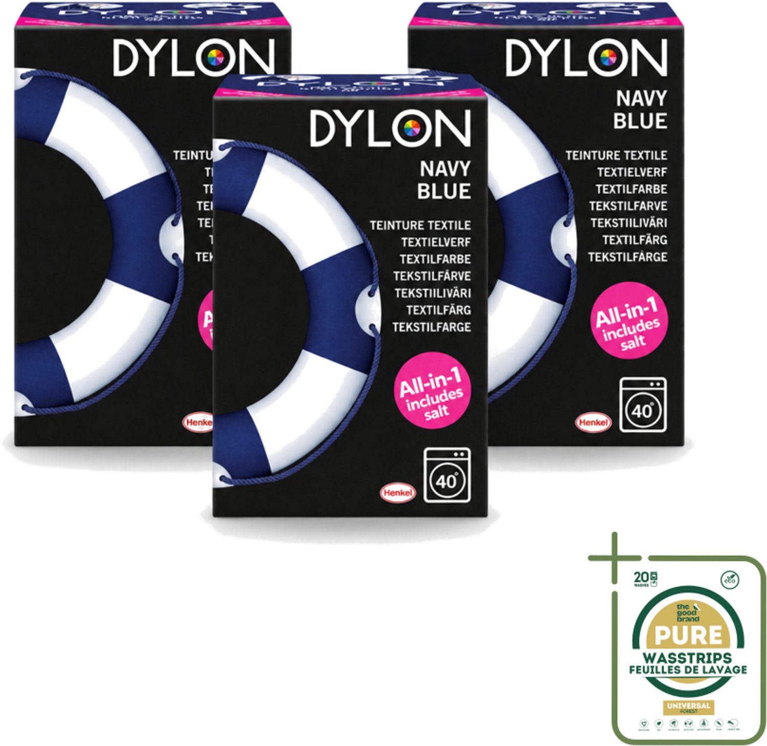 3 x Dylon - Textielverf - Navy Blue - All-in-One - Inclusief Zout - 350g - Wasstrips - Textielverf - Kleding Verven - Kleurstof - Katoen Verven - Stof Verven