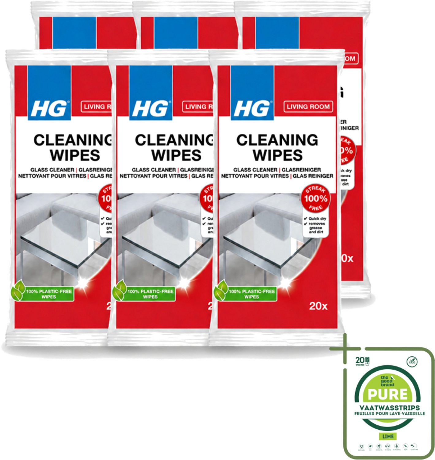 6 x HG - Woonkamer - Glasreinigingsdoekjes - Reinigt Streeploos - 20 Doekjes - Grootverpakking - Vaatwasstrips - Glas Reinigen - Spiegel Reinigen - Streeploos Schoonmaken - Vet En Vuil Verwijderen - Glasdoekjes