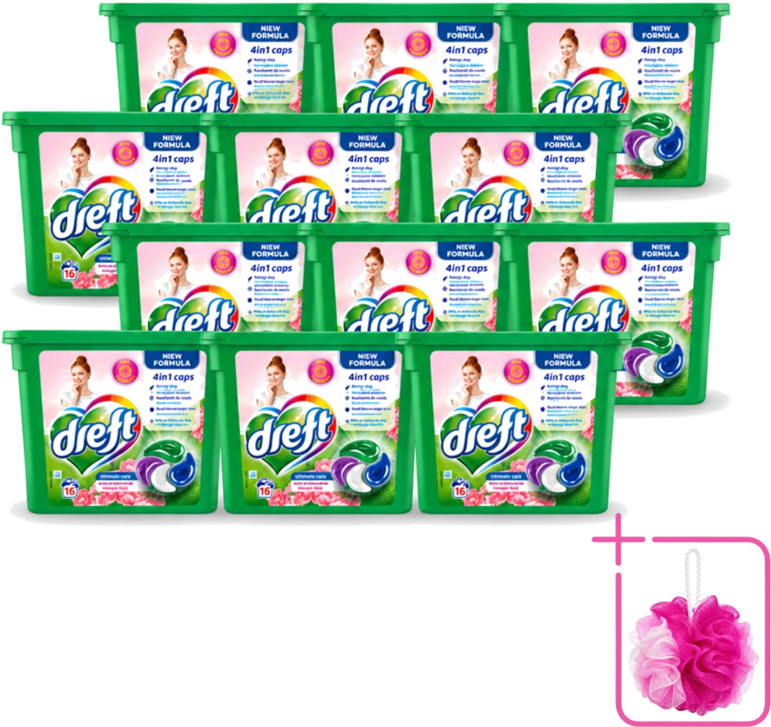 12 x Dreft - Nieuwe Formule - Wasmiddelcapsules 4in1 - Witte en Gekleurde Was - Vleugje Roze - 16 Wasbeurten - Bulkverpakking - Wasmiddelcapsules - Douchemop - Wasbeurten