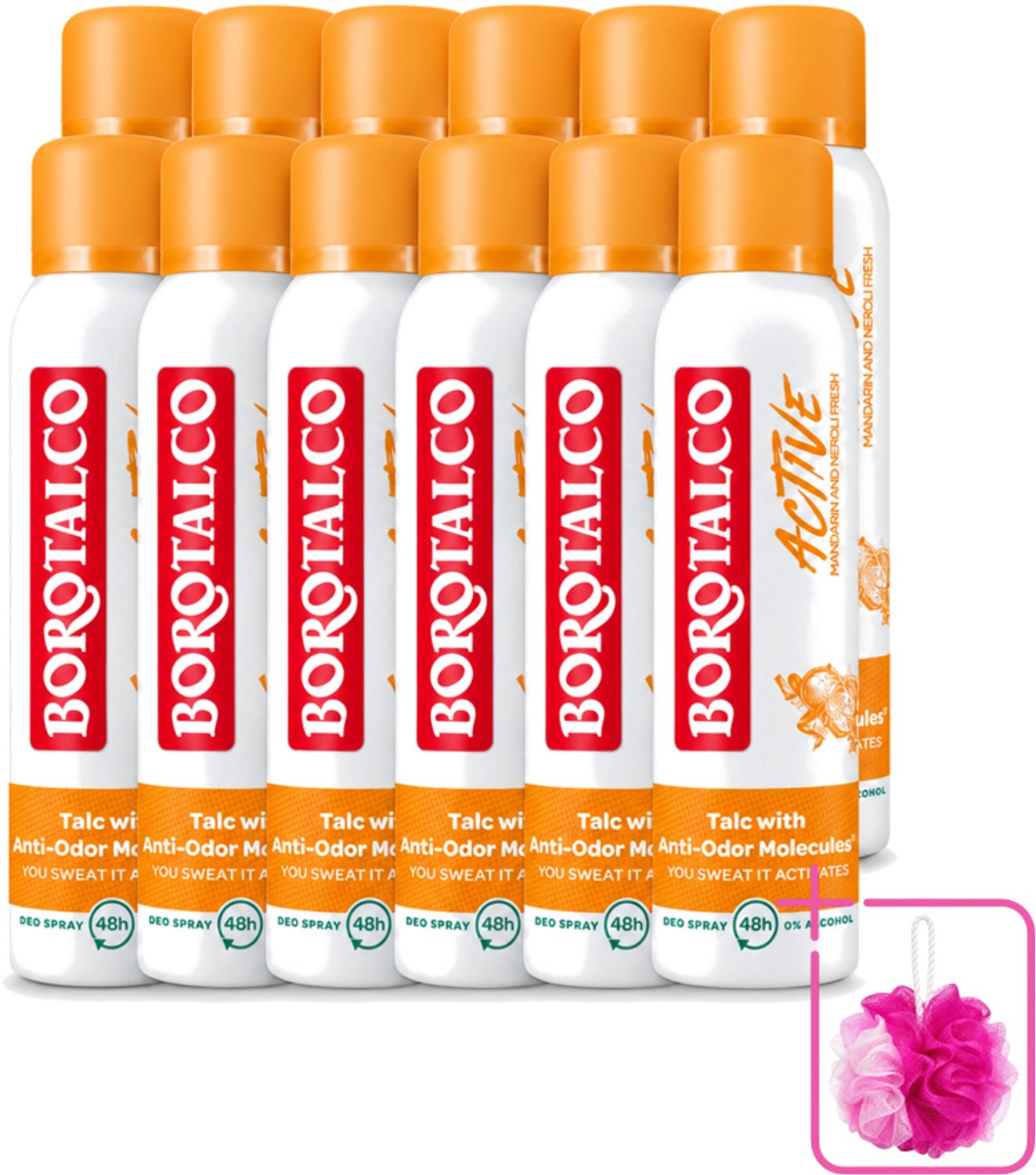 12 x Borotalco - Deodorant Spray - Active - Mandarin & Neroli Fresh - 0% Alcohol - 150 ml - Bulkverpakking - Deodorant Spray - Douchemop - Mandarijn en Neroli