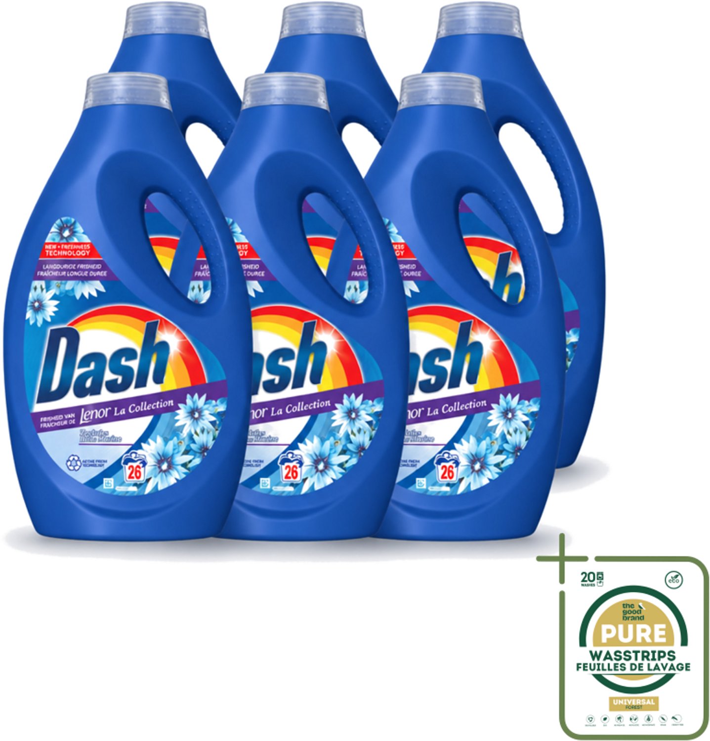 6 x Dash - Lenor Collectie - Vloeibaar Wasmiddel - Witte en Gekleurde Was - Zeebries - 26 Wasbeurten - Wasstrips - Wasmiddel - Was - Wasmiddel Zeebries - Wasmiddel Frisheid - Wasmiddel Wit