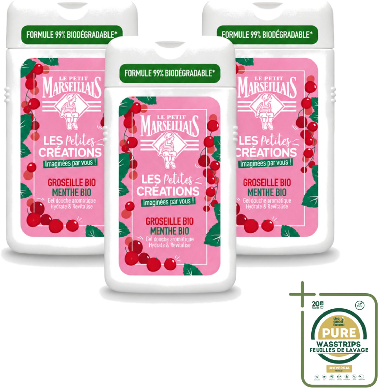 3 x Le Petit Marseillais - Douchegel - Rode bessen & Munt - Hydraterend - 250ml - Wasstrips - Douchegel - Hydraterende Douchegel - Rode Bessen - Munt - Biologische Douchegel