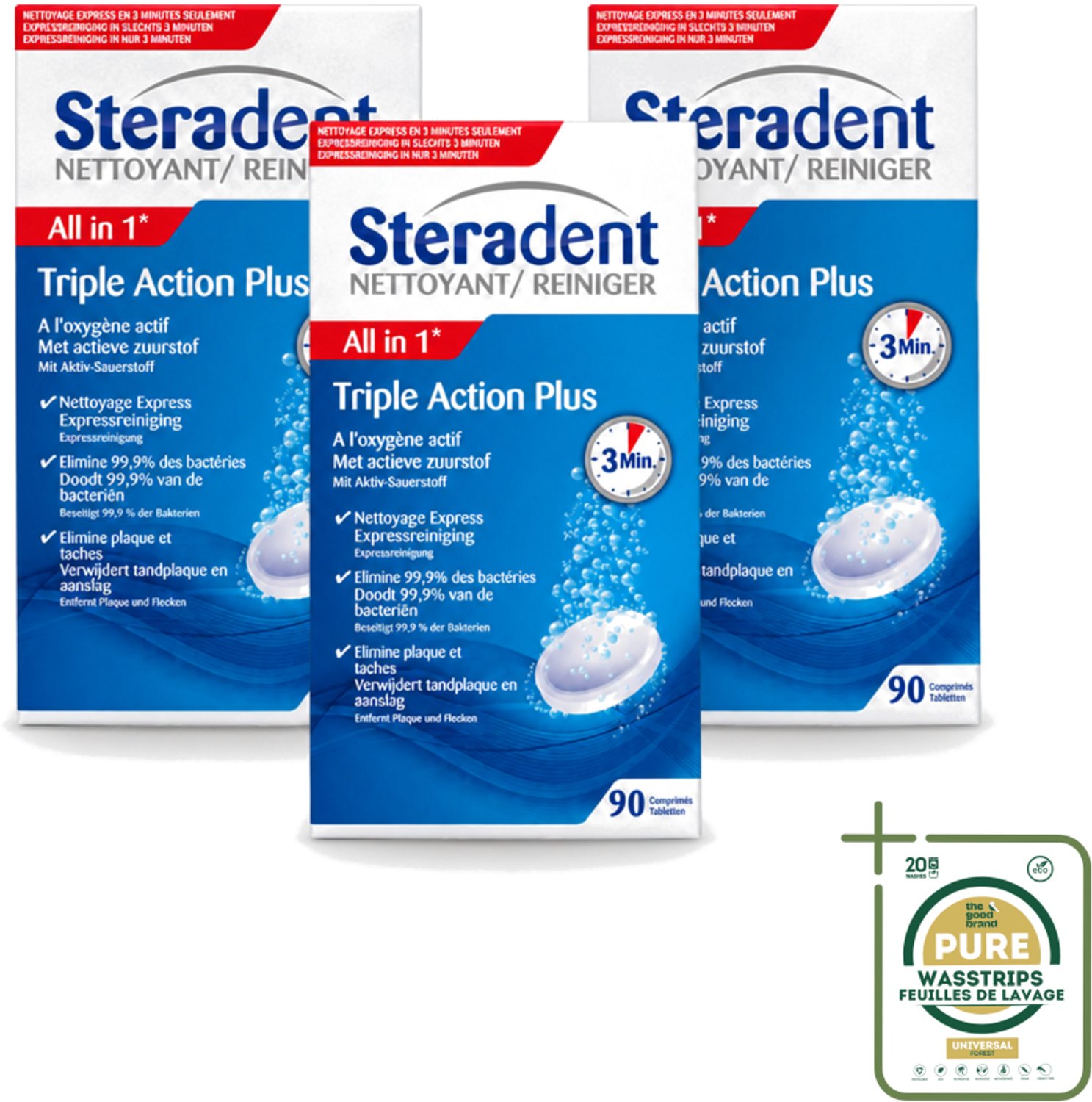 3 x Steradent - Kunstgebitreiniger - Tegen Tandplak En Aanslag - 90 Tabletten - Wasstrips - Kunstgebit Reinigen - Tandplak Verwijderen - Aanslag Verwijderen - Kunstgebit Reiniger - Kunstgebit Hygiëne