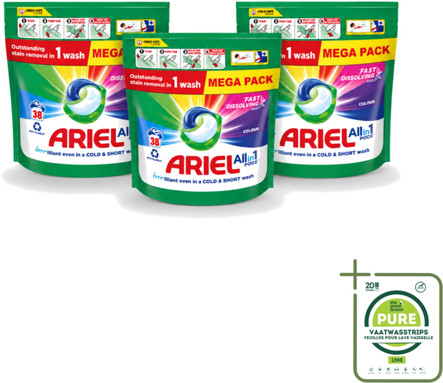 3 x Ariel – Pods All-in-1 – Color – 38 wasbeurten - Grootverpakking - Vaatwasstrips - Kleurbehoud Wasmiddel - Gekleurde Was - Ariel Pods Color - Wasmiddel Voor Gekleurde Kleding - Kleurvervaging Voorkomen