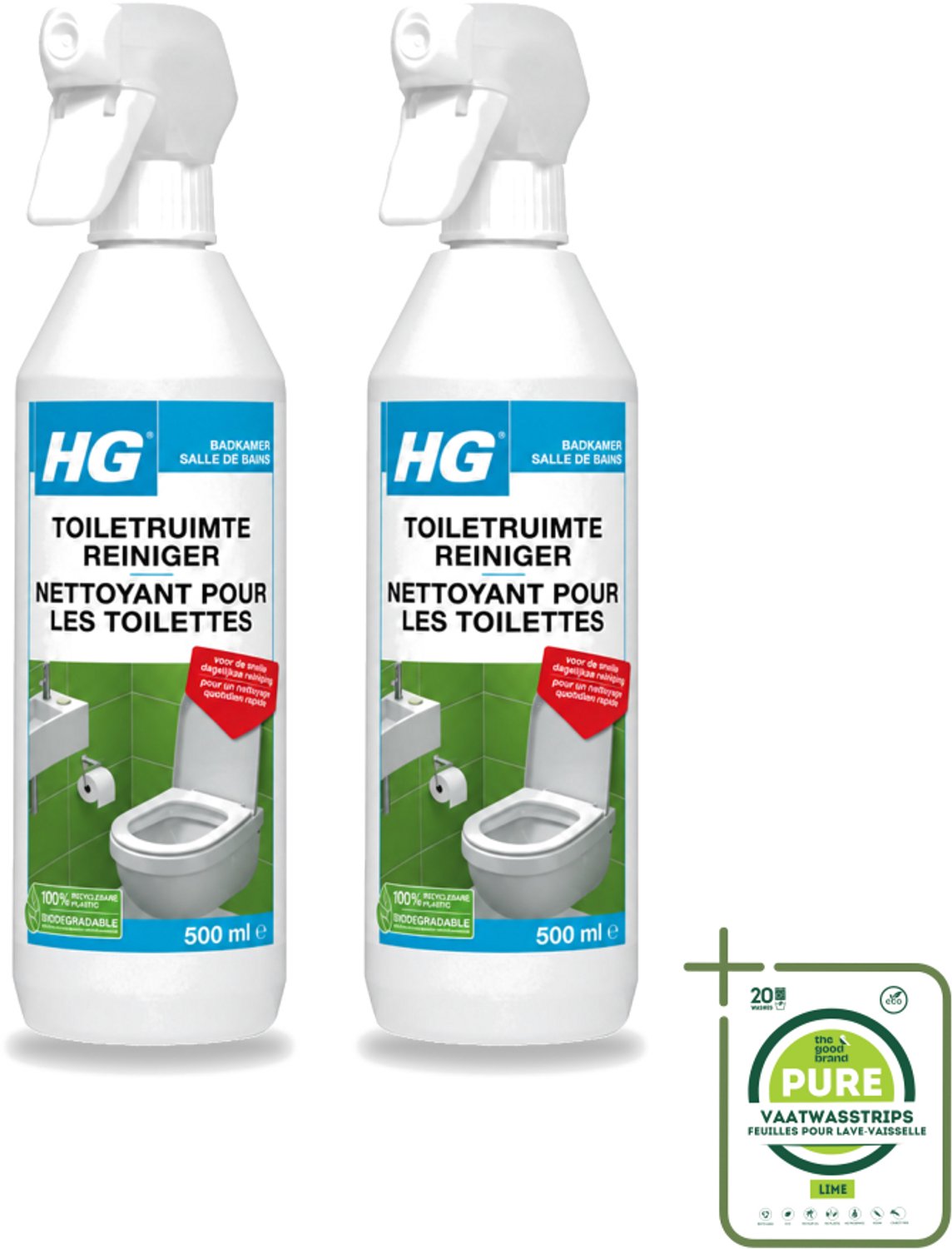 2 x HG - Badkamer - Toiletruimte Reiniger - Snelle Dagelijkse Reiniging - 500 ml - Grootverpakking - Vaatwasstrips - Toiletruimte Reinigen - Toiletruimte Reiniger - Toilet Reinigen - Toilet Reiniger - Hygiëne