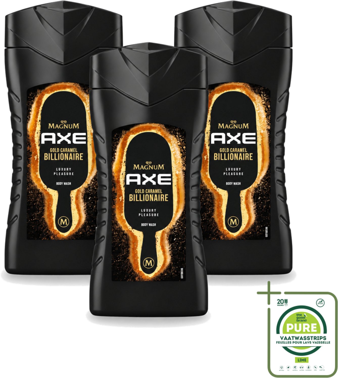 3 x Axe X Magnum - Douchegel - Gold Caramel Billionaire - 250 ml - Grootverpakking - Vaatwasstrips - Douchegel - Lichaam - Gezicht - Haar - Chocolade