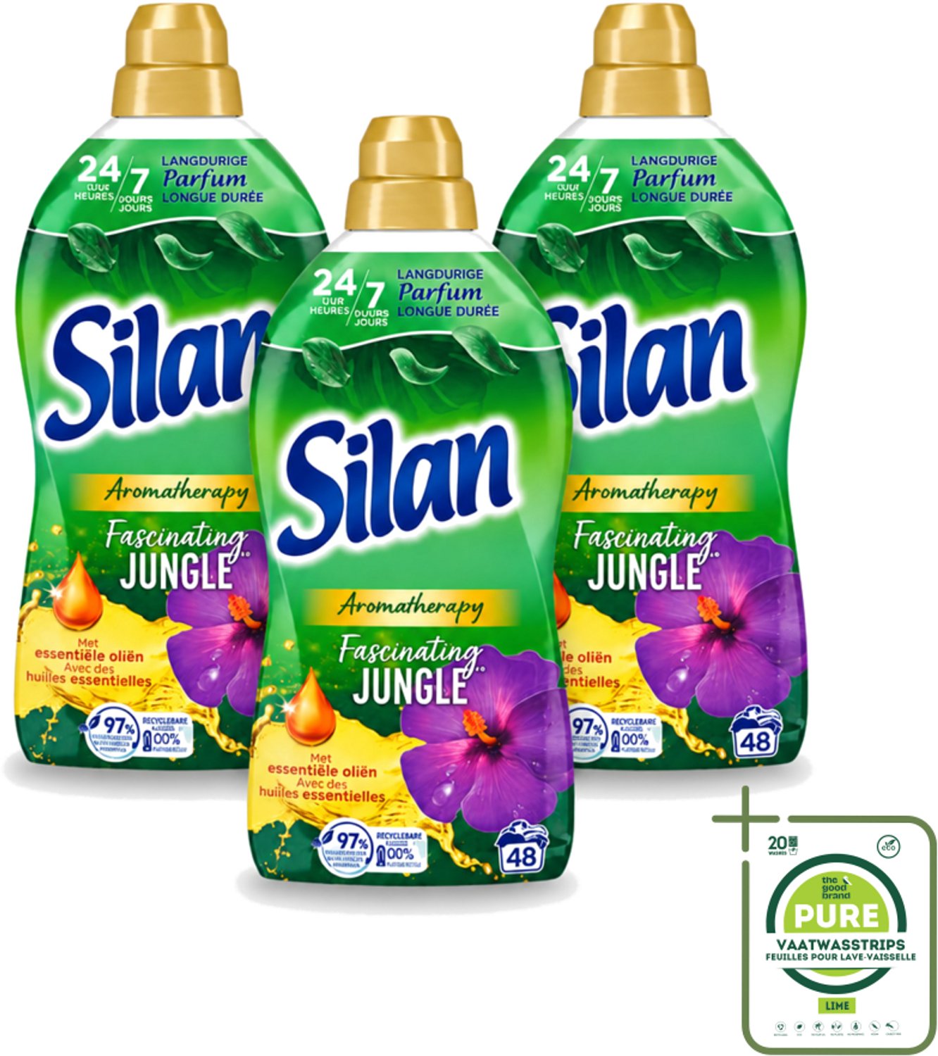 3 x Silan Aromatherapy - Wasverzachter - Fascinating Jungle - Essentiële Oliën en Langdurige Parfum - 48 Wasbeurten - 1.056L - Grootverpakking - Vaatwasstrips - Wasverzachter - Geur - Wasbeurt - Essentiële Oliën - Kleding Zachter Maken