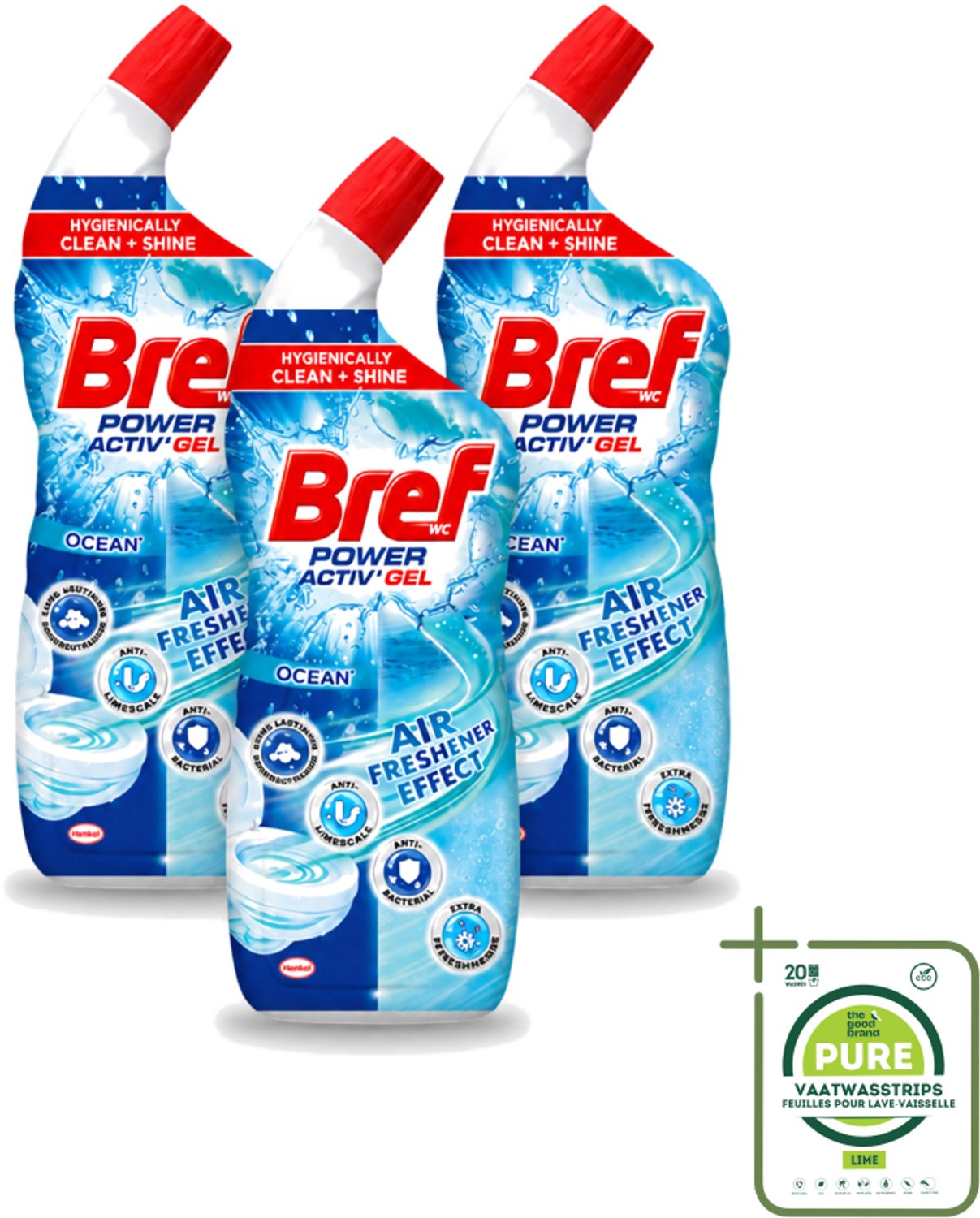 3 x Bref WC - Power Activ+ - Toiletreiniger - Anti-Kalk - Oceaan - 700 ml - Grootverpakking - Vaatwasstrips - Toiletreiniger - Hygiëne - Glans - Reiniging - Kalk