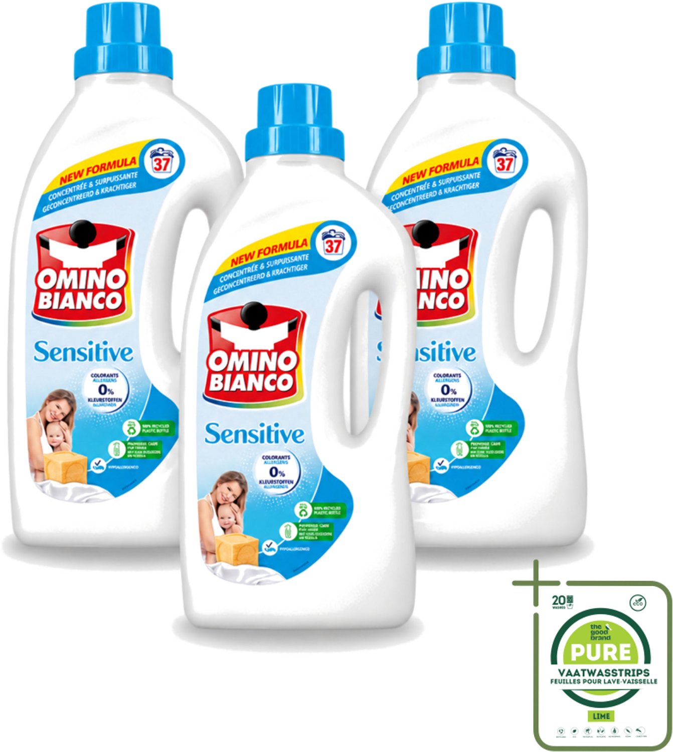 3 x Omino Bianco - Gevoelig - Wasmiddel - Witte & Gekleurde Was - 37 Wasbeurten - Grootverpakking - Vaatwasstrips - Gevoelige Huid - Hypoallergene Wasmiddel - Wasmiddel Zonder Allergenen - Wasmiddel Zonder Kleurstof - Huidvriendelijk Wasmiddel