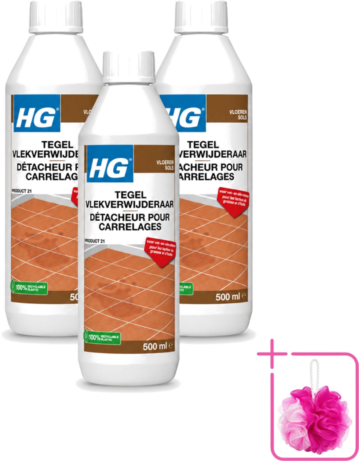 3 x HG - Vloeren - Tegel Vlekverwijderaar - Voor Vet & Olievlekken - 500 ml - Bulkverpakking - Vlekverwijderaar tegel - Douchemop - Vetvlek verwijderen