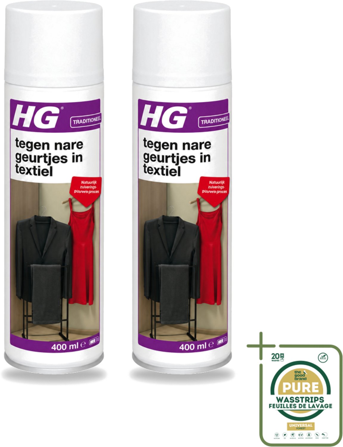 2 x HG - Tegen Nare Geurtjes In Textiel - Natuurlijk Zuiveringsproces - Veilig Voor Alle Textiel - 400 ml - Wasstrips - Geurverwijdering Textiel - Stankmoleculen Oplossen - Textiel Reinigen - Geur In Kleding - Geur In Gordijnen