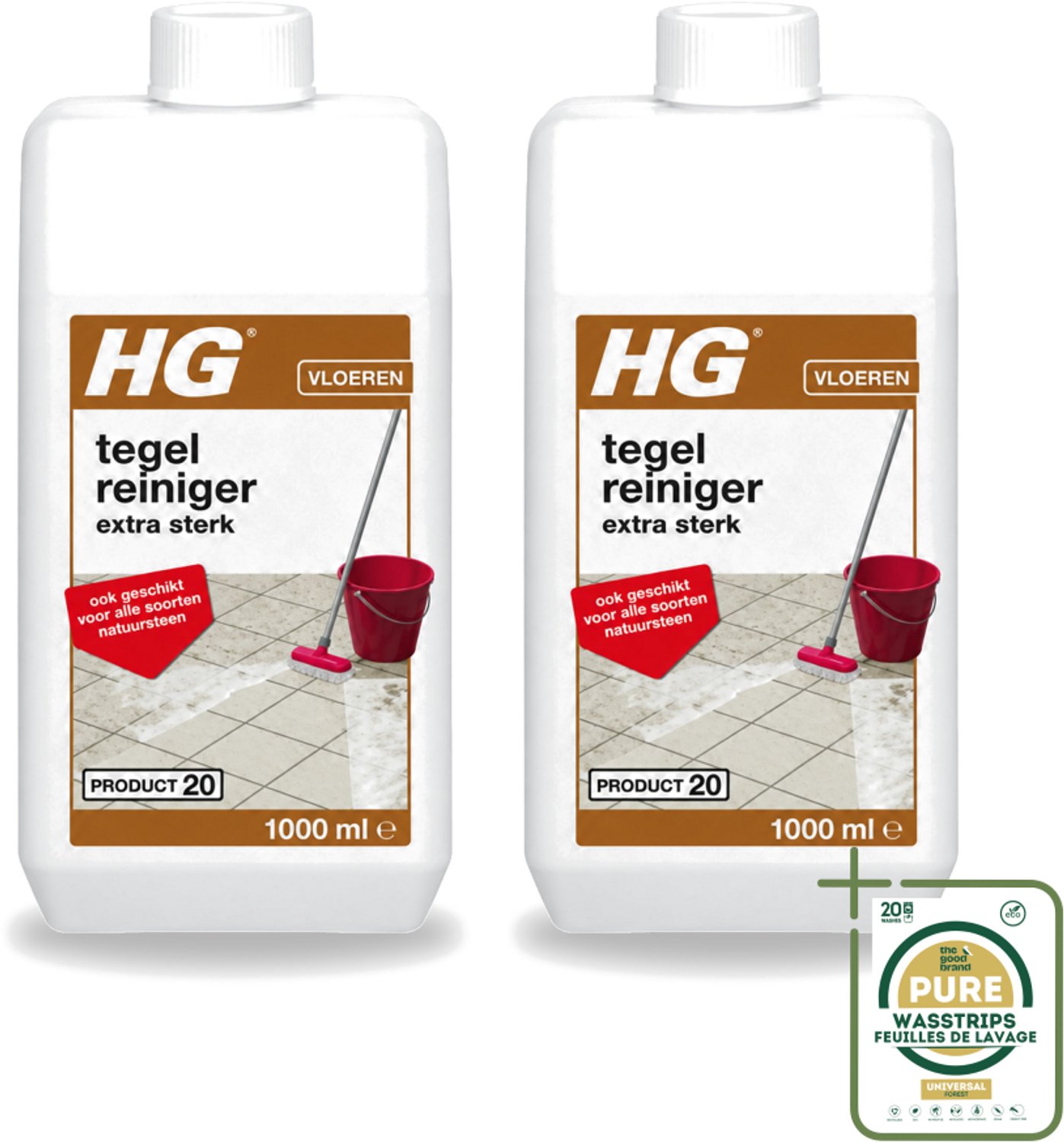 2 x HG - Vloeren - Tegelreiniger Extra Sterk - Geschikt Voor Alle Soorten Natuursteen - 1L - Wasstrips - Tegelreiniger - Natuursteen Reinigen - Vetvlekken Verwijderen - Kalk Verwijderen - Vloer Reinigen