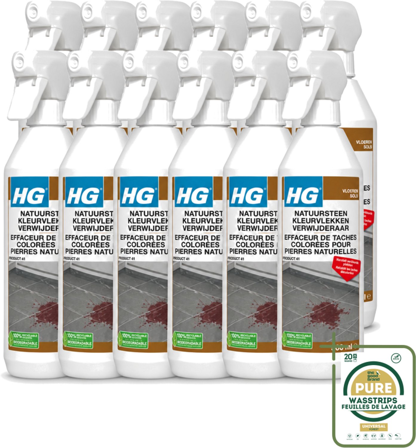 12 x HG - Natuursteen Kleurvlekken Verwijderaar - Hersteld Verkleurde Plekken - 500 ml - Wasstrips - Natuursteen Vlekkenverwijderaar - Vlekken Verwijderen - Marmer Vlekken - Natuursteen Reinigen - Kleur Herstellen