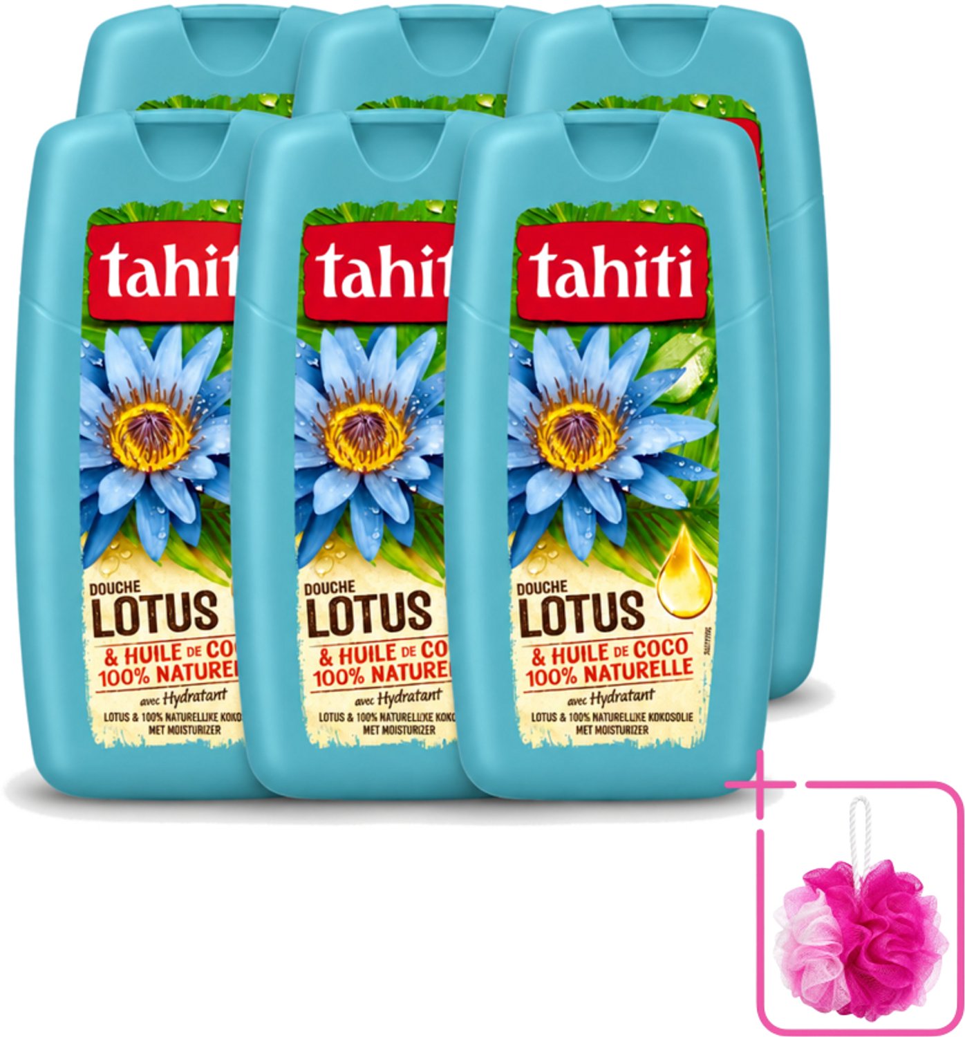 6 x Tahiti - Douchegel - Lotus & Kokosolie - Hydraterend - 250 ml - Bulkverpakking - Douchegel - Douchemop - Kokosolie