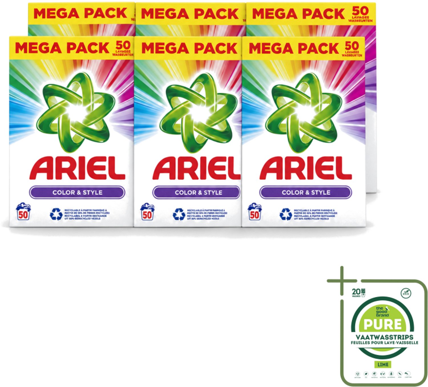 6 x Ariel Color & Style - Waspoeder - Gekleurde Was - 50 Wasbeurten - Grootverpakking - Vaatwasstrips - Kleurverzorging - Waspoeder - Wasmachine - Energiebesparing - Frisheid
