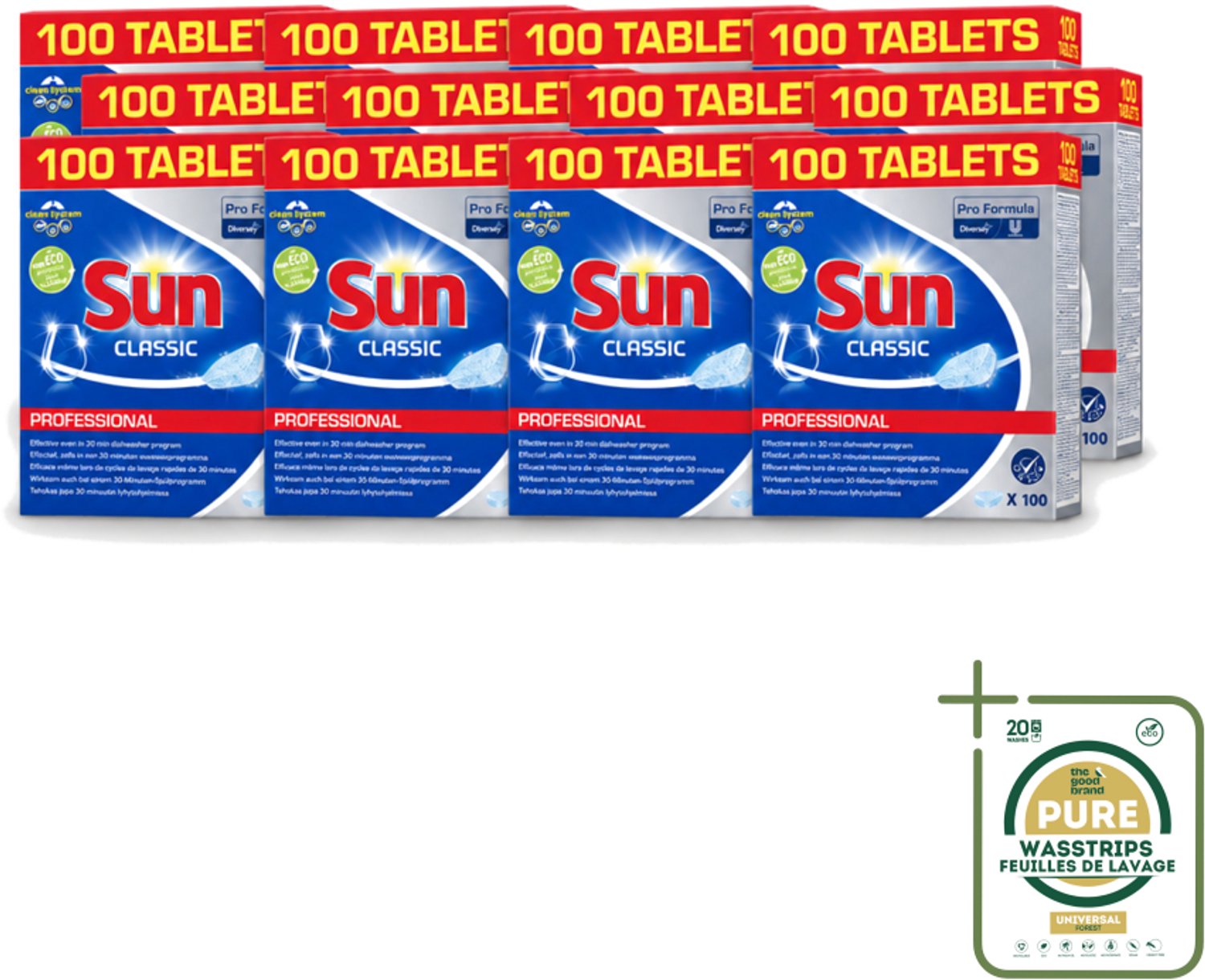 12 x Sun Classic - Pro Formula - Vaatwastabletten - 100 Tabletten - Wasstrips - Vaatwastabletten - Vaatwasser - Reiniging - Vlekken Verwijderen - Kalkaanslag