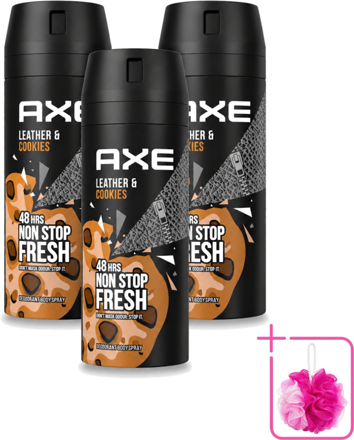 3 x Axe - Deodorant Bodyspray - 48hrs Fresh - Leather & Cookies - 150 ml - Bulkverpakking - Deodorant - Douchemop - Bodyspray