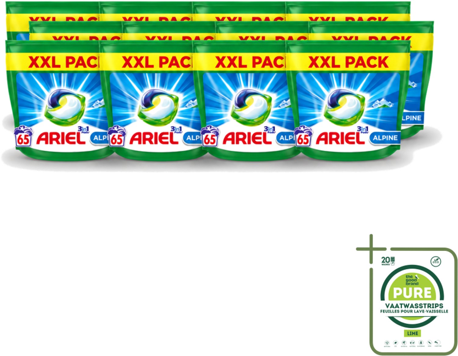 12 x Ariel – Pods 3in1 – Alpine – 1319 g – 65 wasbeurten - Grootverpakking - Vaatwasstrips - Ariel Pods 3in1 Alpine - 65 Wasbeurten - Wasmiddel Pods - Reiniging - Vlekverwijdering