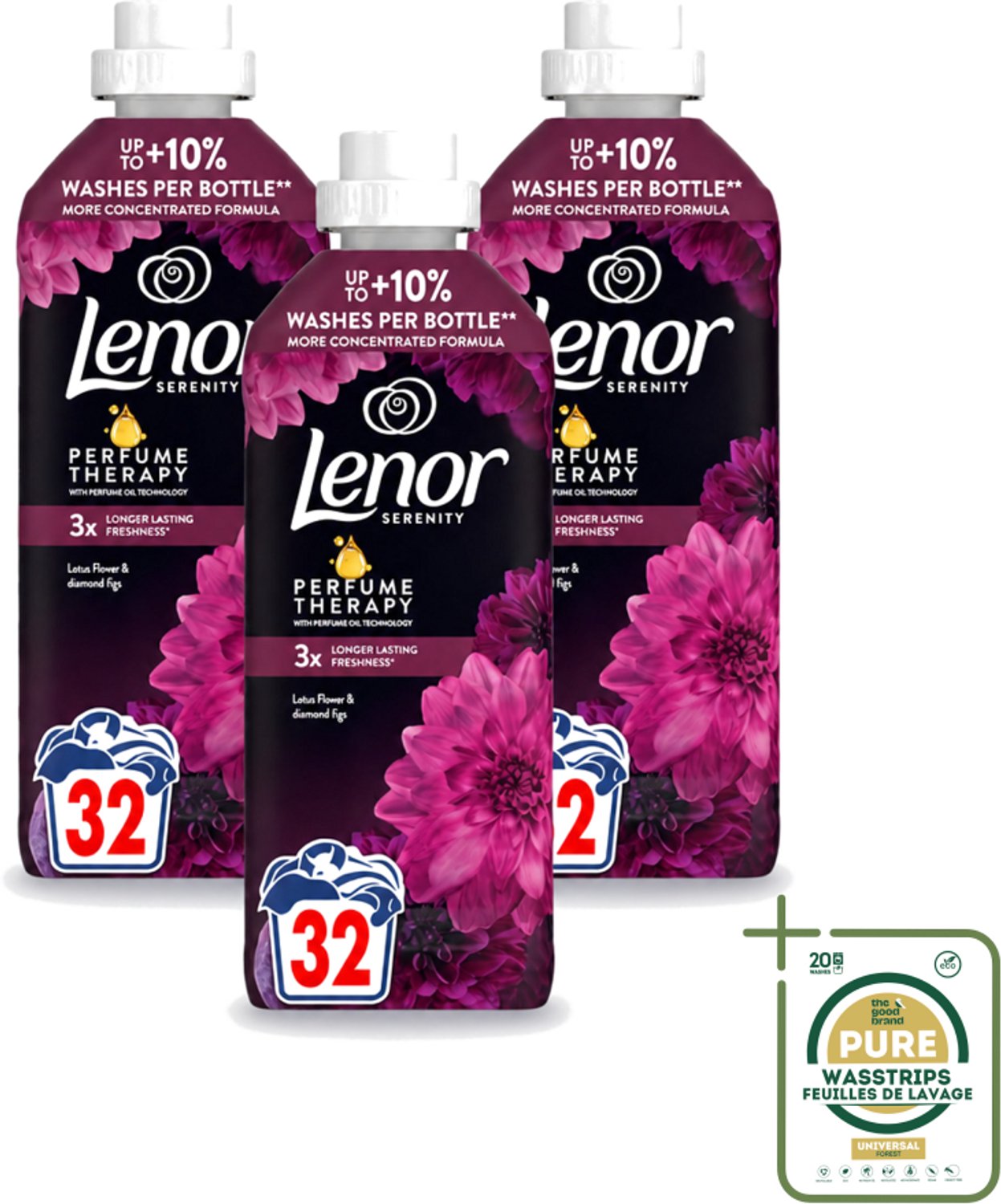 3 x Lenor – Wasverzachter – Lotus Flower & Diamond Figs – 32 Wasbeurten – 675 ml - Wasstrips - Wasverzachter - Wasmachine - Geur - Wasbeurt - Kleding Verzachten