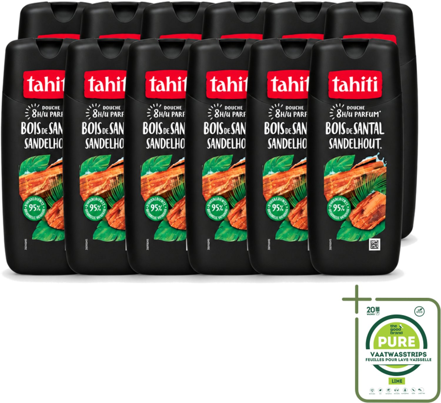 12 x Tahiti – Douchegel – Sandelhout - 315 ml - Grootverpakking - Vaatwasstrips - Douchegel - Sandelhout - Ontspanning - Natuurlijke Geur - Huidverzorging