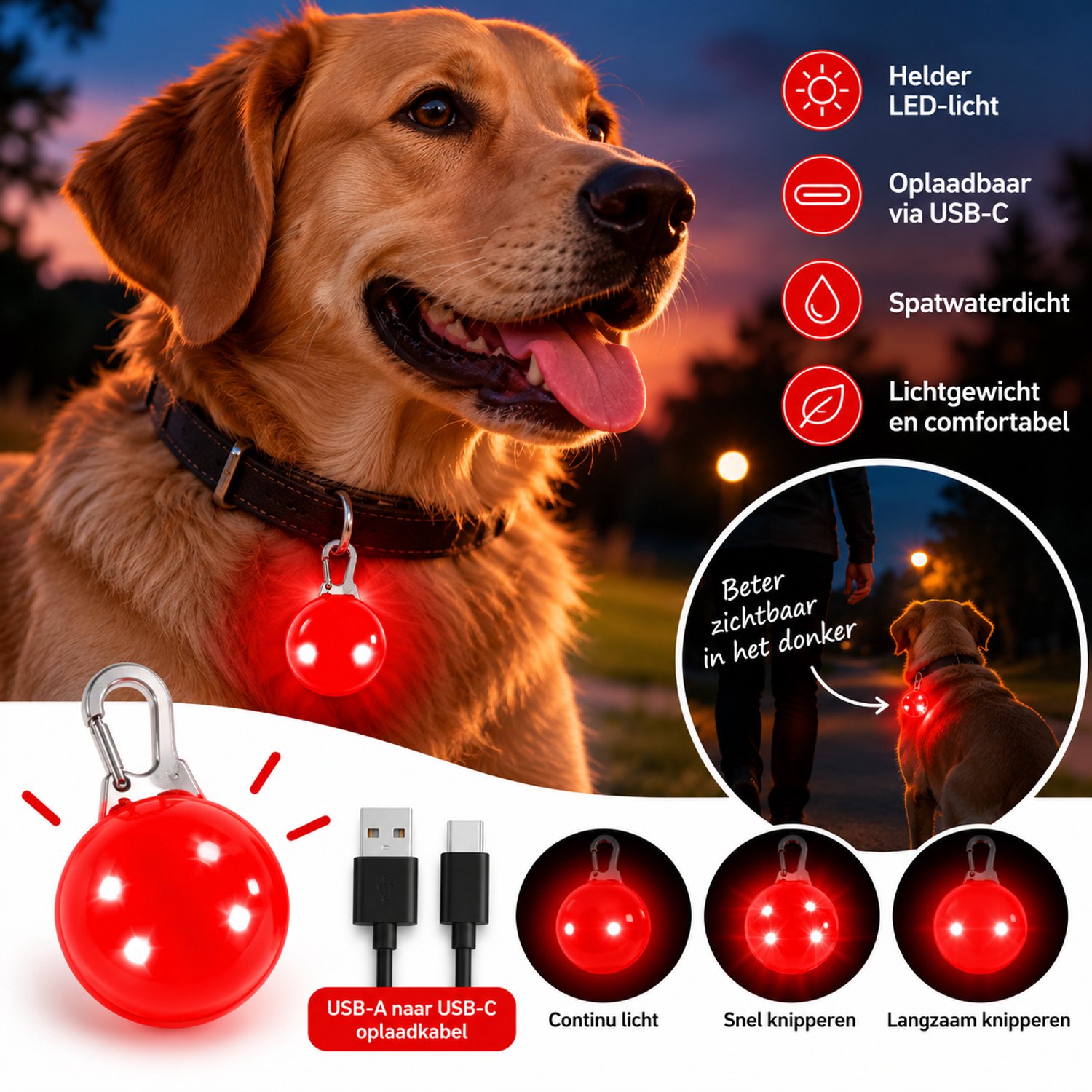 JN® Oplaadbare USB-C hondenverlichting - Kleur Rood - Rugzak verlichting - Oplaadbare rugzakverlichting - Hond - Hondenlamp - Oplaadbaar - USB oplaadbare hondenlamp – Hondenlicht - Hond uitlaten – Verlichting hond - Oplaadbare verlichting