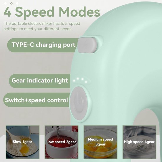 Draadloze Handmixer - Wit - Mini Elektrische Mixapparaat - Oplaadbare Eiklopper met 4 Snelheidsmodi - Voor Huishoudelijk Gebruik — afbeelding 5