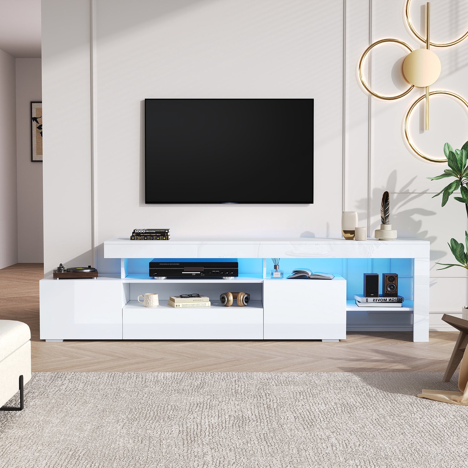 TV-meubel 192 cm met LED-verlichting en 3 klepdeuren voor TV tot 85 inch - Wit