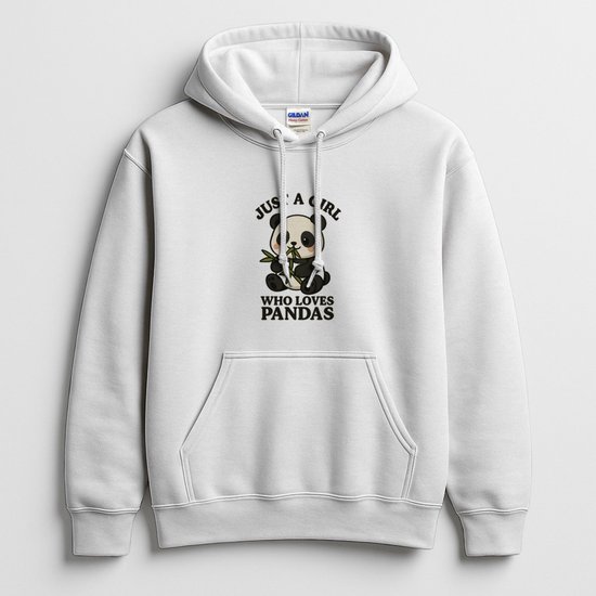 Witte hoodie met een panda-illustratie en de tekst "JUST A GIRL WHO LOVES PANDAS" op de borst.