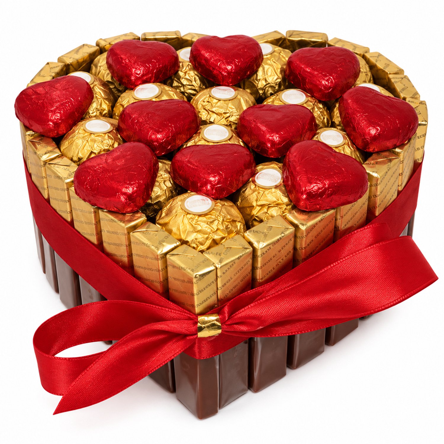 Nina's Giftshop® Chocolade Hart met Merci & Ferrero Rocher – Rode Chocoladehartjes & Rode Zeeprozen – Rode Strik – Valentijn Cadeau – Chocolade Geschenk – Cadeau voor Hem & Haar – Liefdescadeau