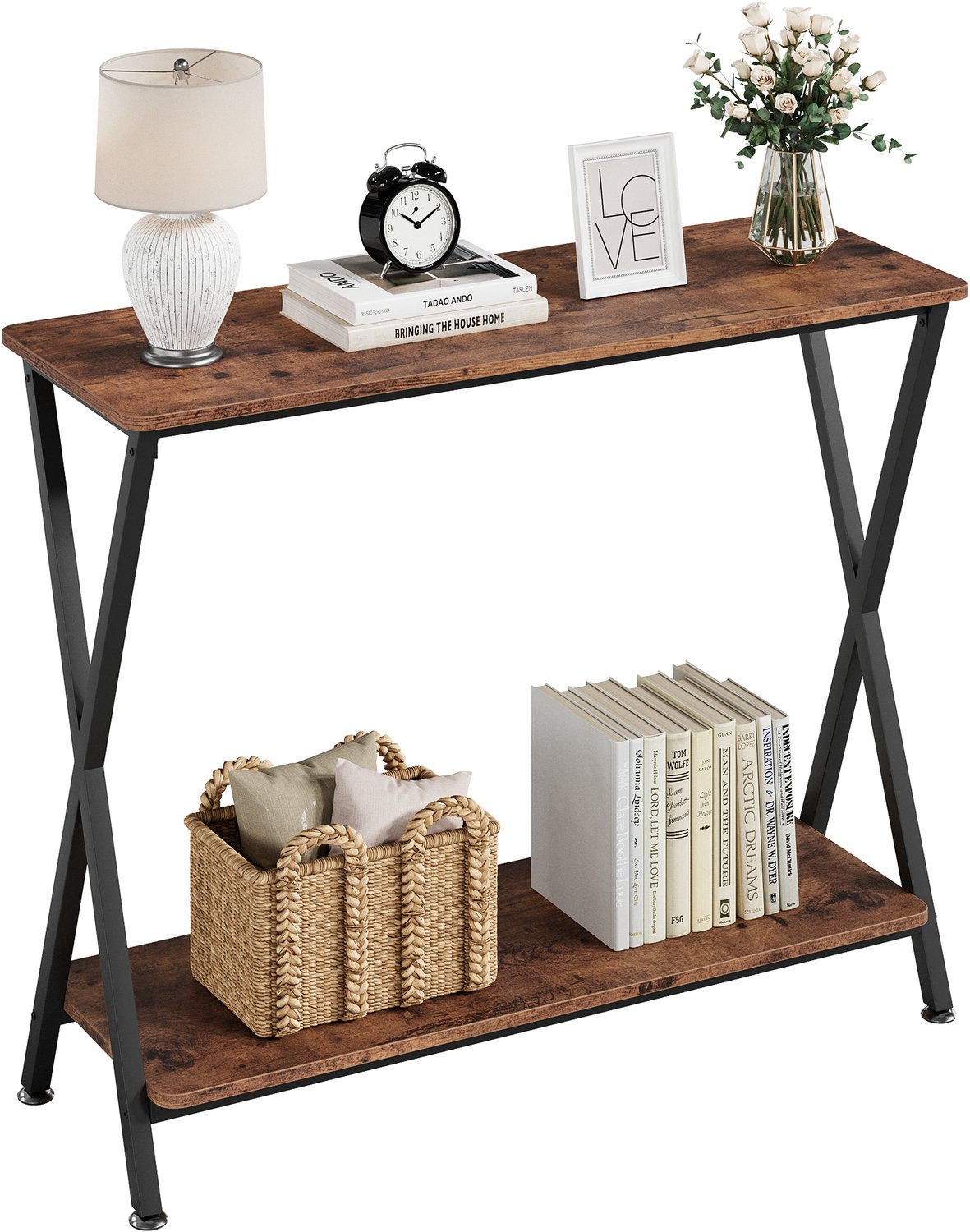 Haltafel - Sidetable - Wandtafel - Smal & Stijlvol - Met 2 Opbergplanken - X‑vormig Metalen Frame - Industrieel Design - voor Gang Woonkamer & Slaapkamer - Zwart Rustiekbruin