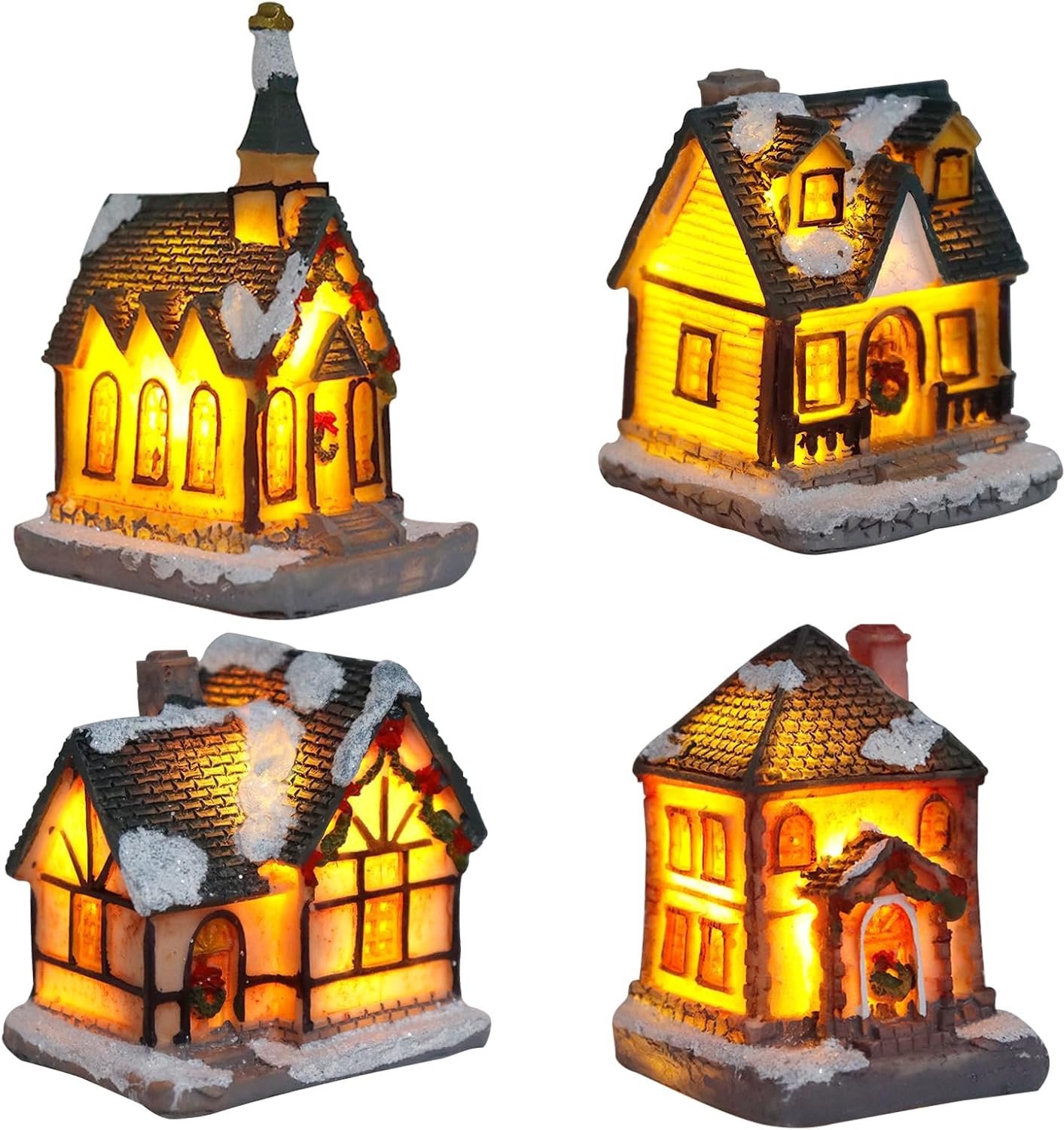 4 stuks miniatuur huis Kerstmis, LED kerstdorp met verlichting, kerstdorpdecoratie, werkt op batterijen, voor kerstdecoratie