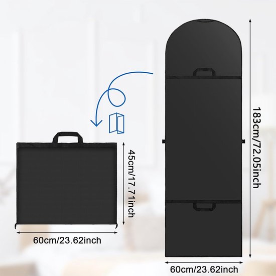 Diagram van een zwarte kledinghoes die opvouwt van 183 cm naar een compacte draagtas van 45x60 cm.
