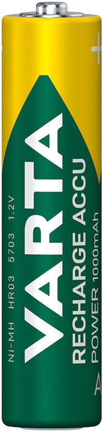 Eén Varta AAA oplaadbare batterij, geel met groen logo en de tekst 'RECHARGE ACCU POWER 1000mAh'