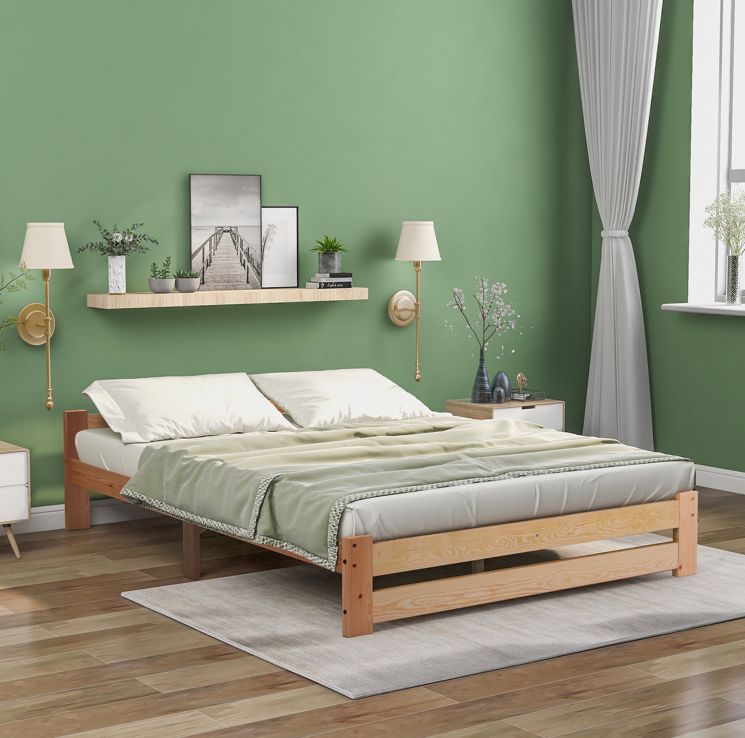 CHICFURN Houten Tweepersoonsbed 140 x 200 cm - Lattenbodem - Hoofdbord - Naturel
