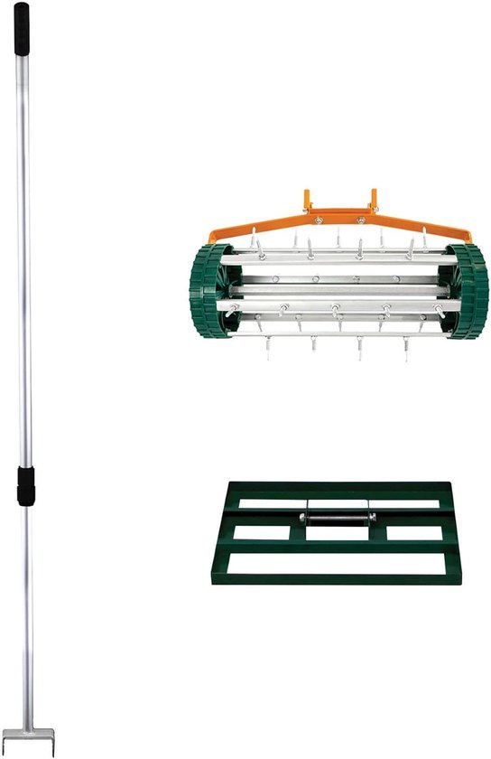 2-in-1 Handmatige Verticuteermachine en Gazonvlakker Set in Groen Gegalvaniseerd Staal en Aluminium met Uitschuifbaar Handvat tot 190 cm, Vlakkingsbasis van 50 cm en Spikes van 3,8 cm — afbeelding 5