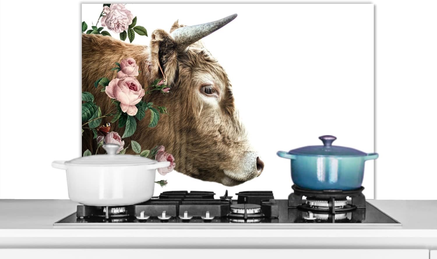 Spatscherm Keuken - 80x55 cm - Schotse hooglander - Rozen - Roze - Wit