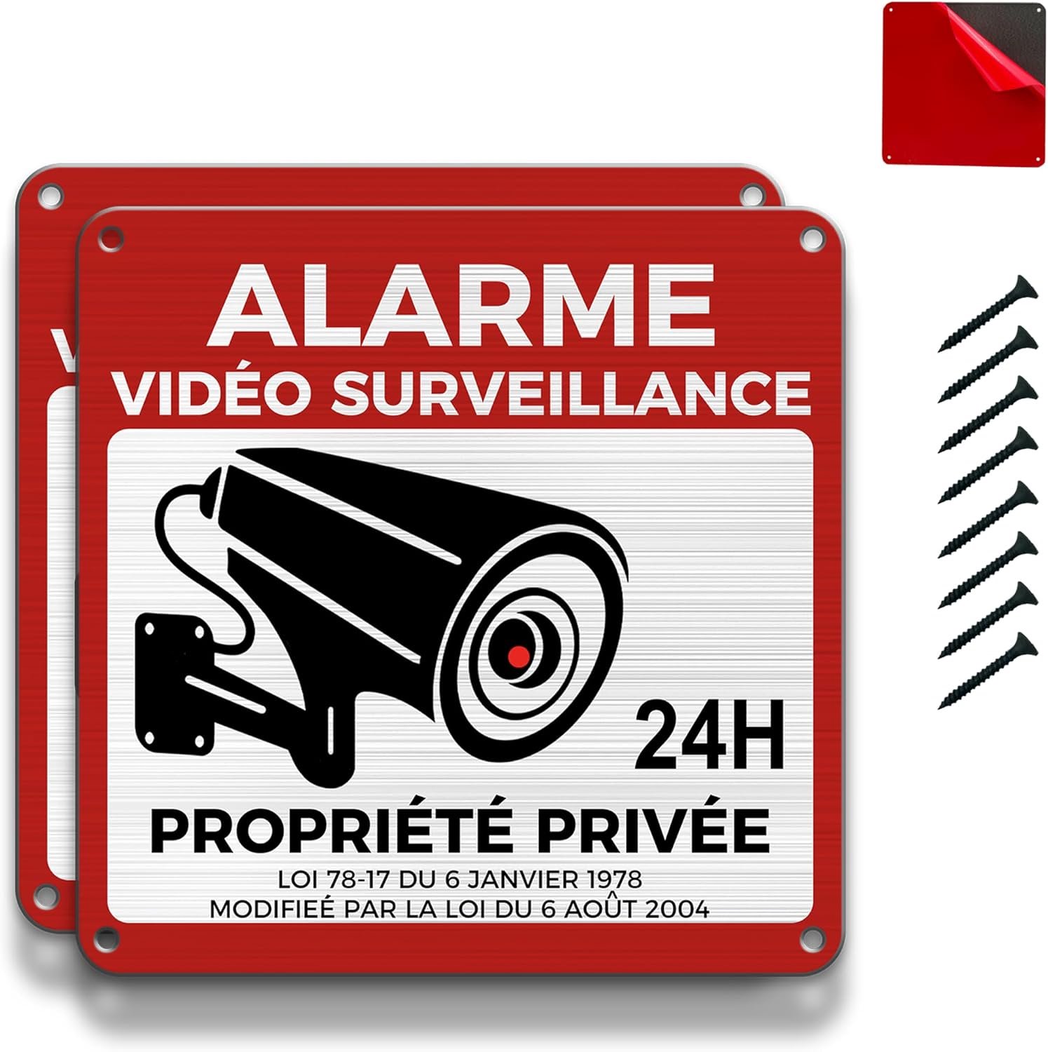 2 panelen voor privé-eigendom, geborsteld aluminium, alarmsticker, binnen/buiten, met sticker en gat, 15 x 15 cm