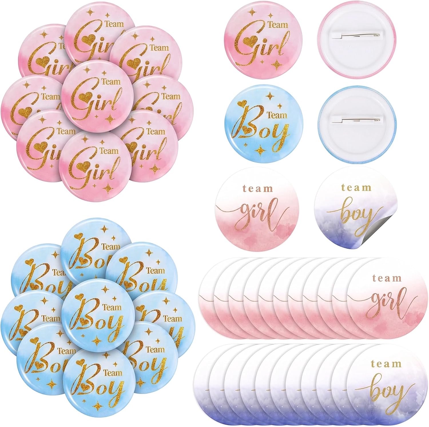 24 geslacht openbare buttons en 24 team-boy team girl, accessoires voor decoratie voor babyshower, 4,5 cm, voor babyshower, blauw en roze, 48 stuks