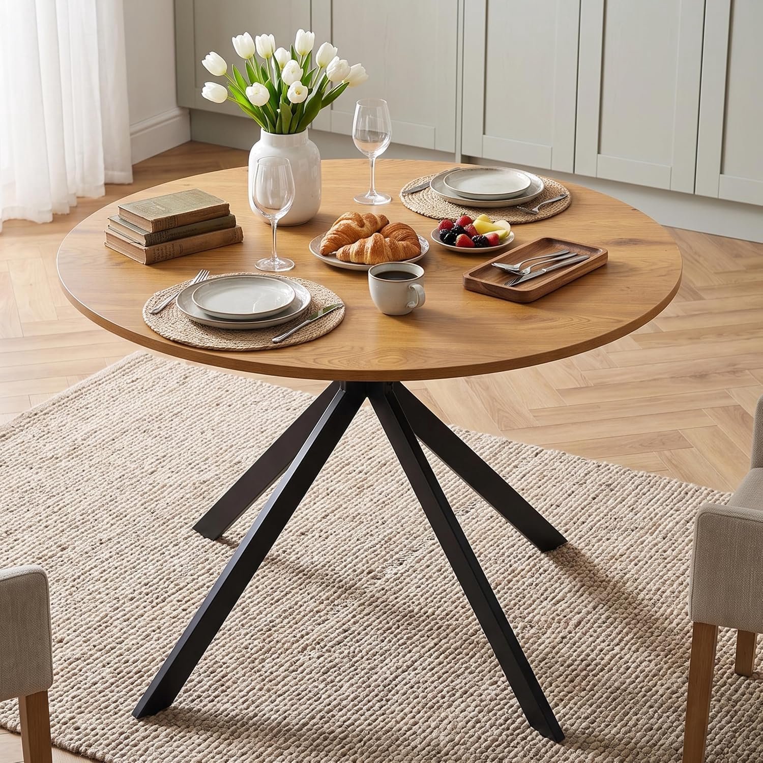 Eettafel, diameter 100 cm, voor 4 personen, keukentafel met doorlopend tafelblad uit één stuk, moderne tafel zonder middenstuk voor eetkamer, wilde eiken