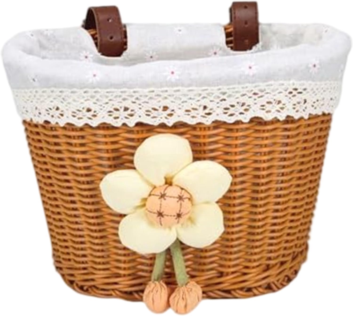 Fietsmand voor meisjes, afneembare fietsmand voor meisjes, gele bloemenvoering, multi-fit voor fietsen en scooters, bruin, 20,3 x 16,3 x 16,3 cm