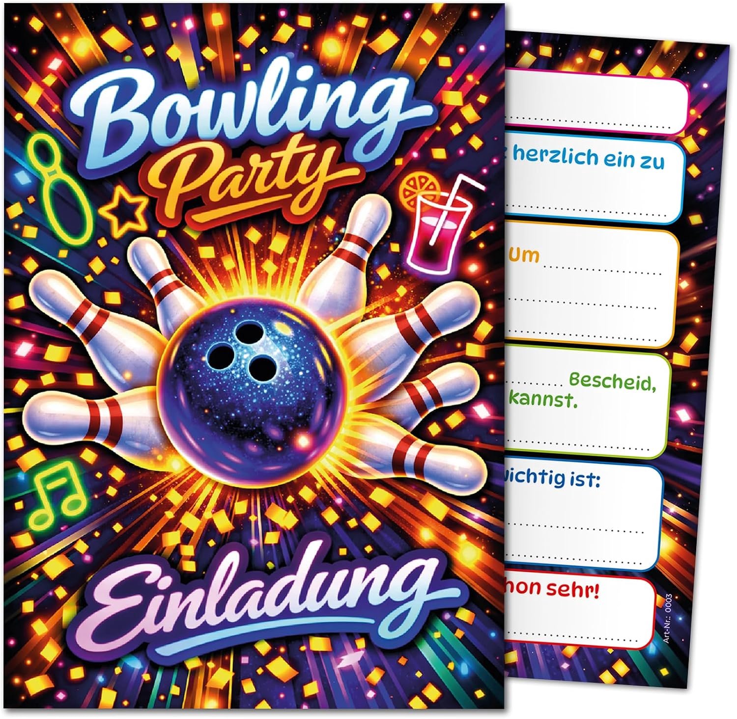 12 uitnodigingskaarten voor kinderverjaardag, bowling, meisjes, jongens, kinderen, bowlingparty, uitnodigingen, kegels, blauw, verjaardag, verjaardagsuitnodigingen, jongensverjaardag